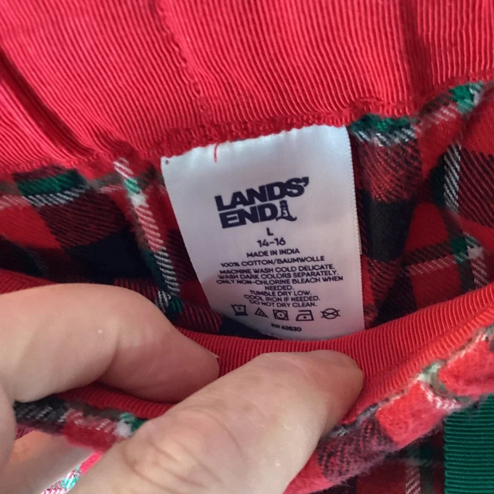 Lands End Plaid Pajama Pants Women L 14 16 Red  Green Flannel Drawstring Pockets - Picture 4 of 8